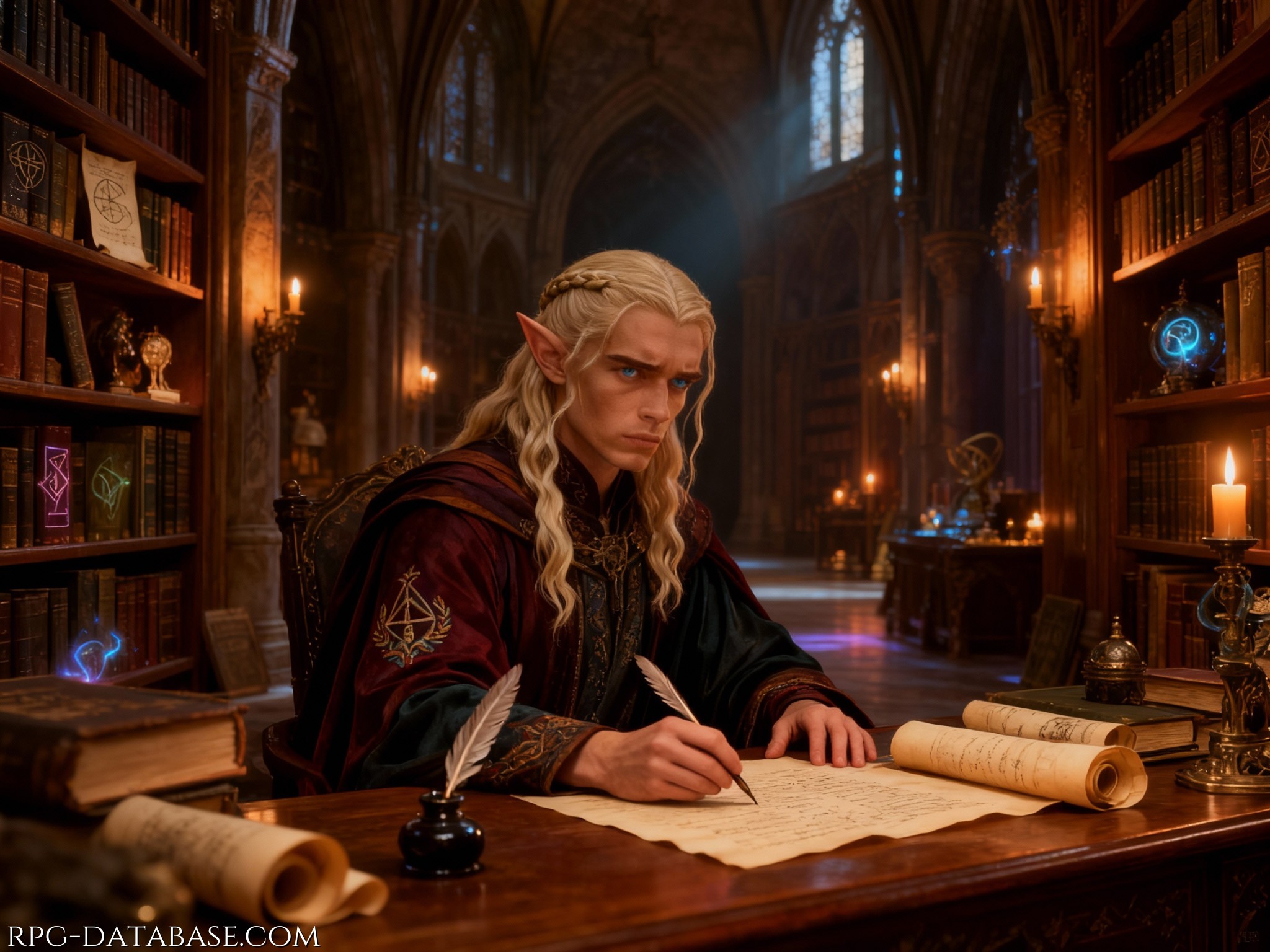 Il mentore Elviliwyn seduto al proprio scrittoio mentre verga una missiva