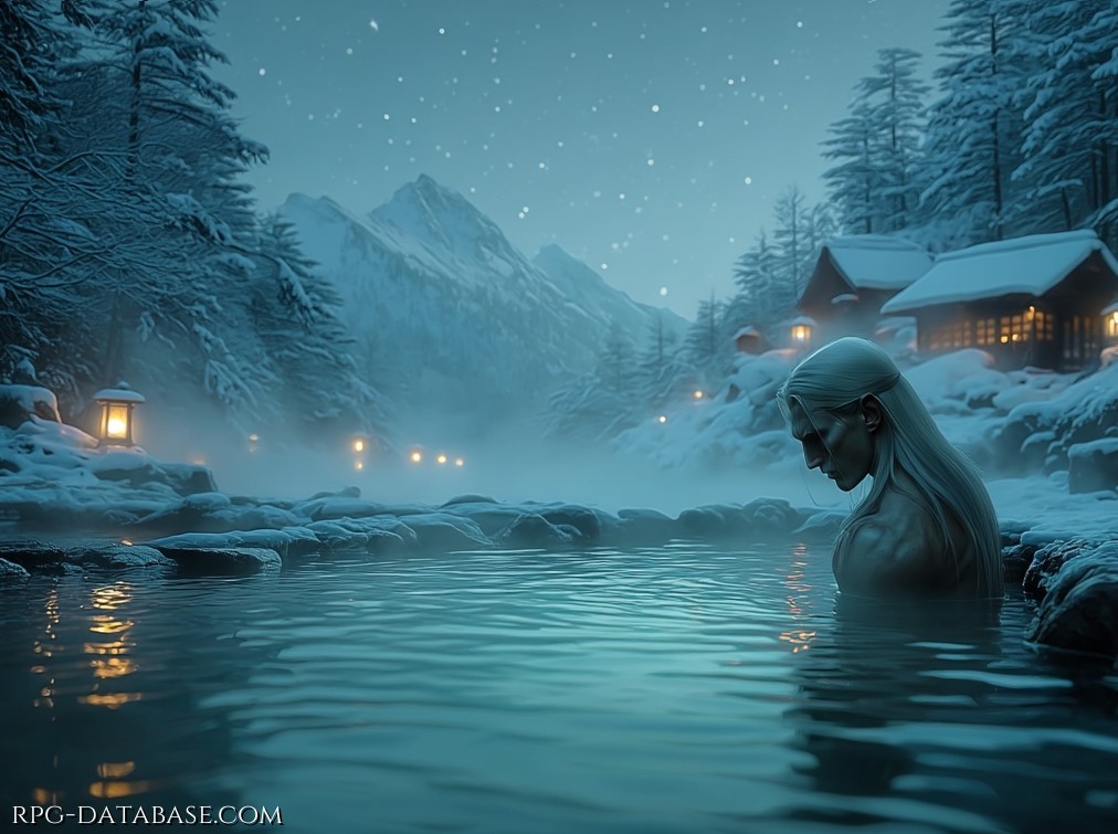 L'abbraccio della calda acqua termale lambisce le membra stanche. Fuori, solo neve.