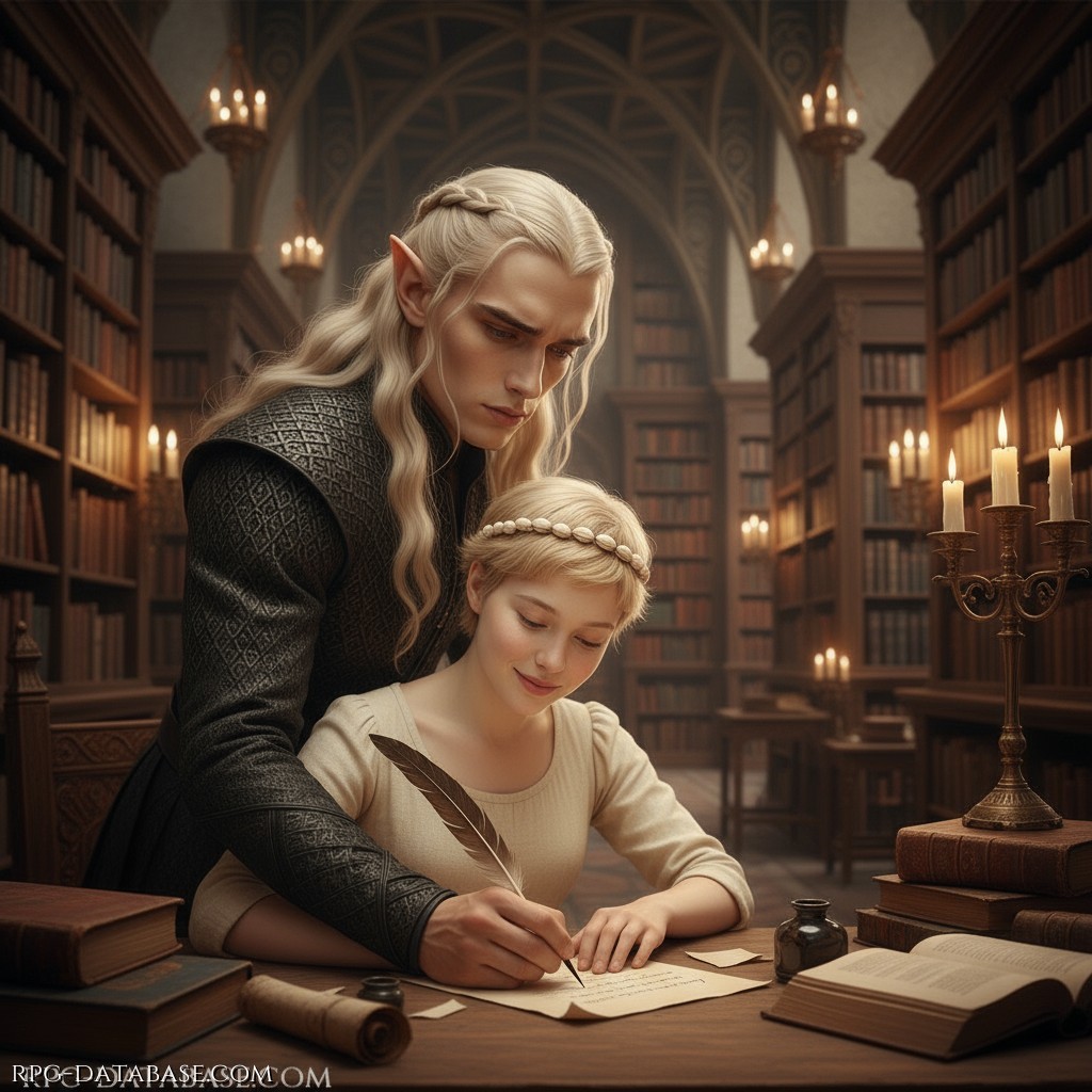 Il Mentore Elviliwyn intento ad insegnare l'arte della scrittura alla giovane fata Iris