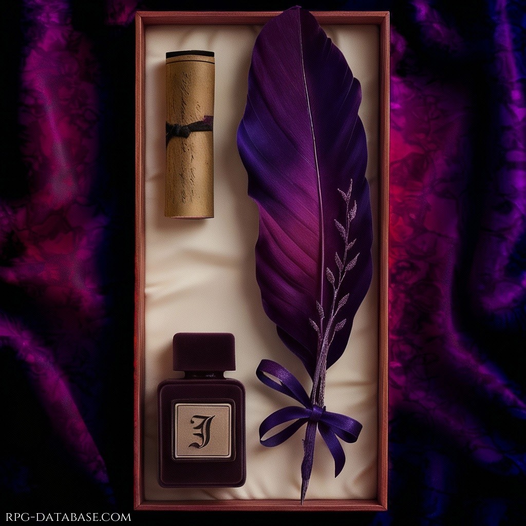 Piuma color porpora, con pennino argentato. Custodita in cofanetto di legno pregiato completo di carta pergamena e inchiostro nero.