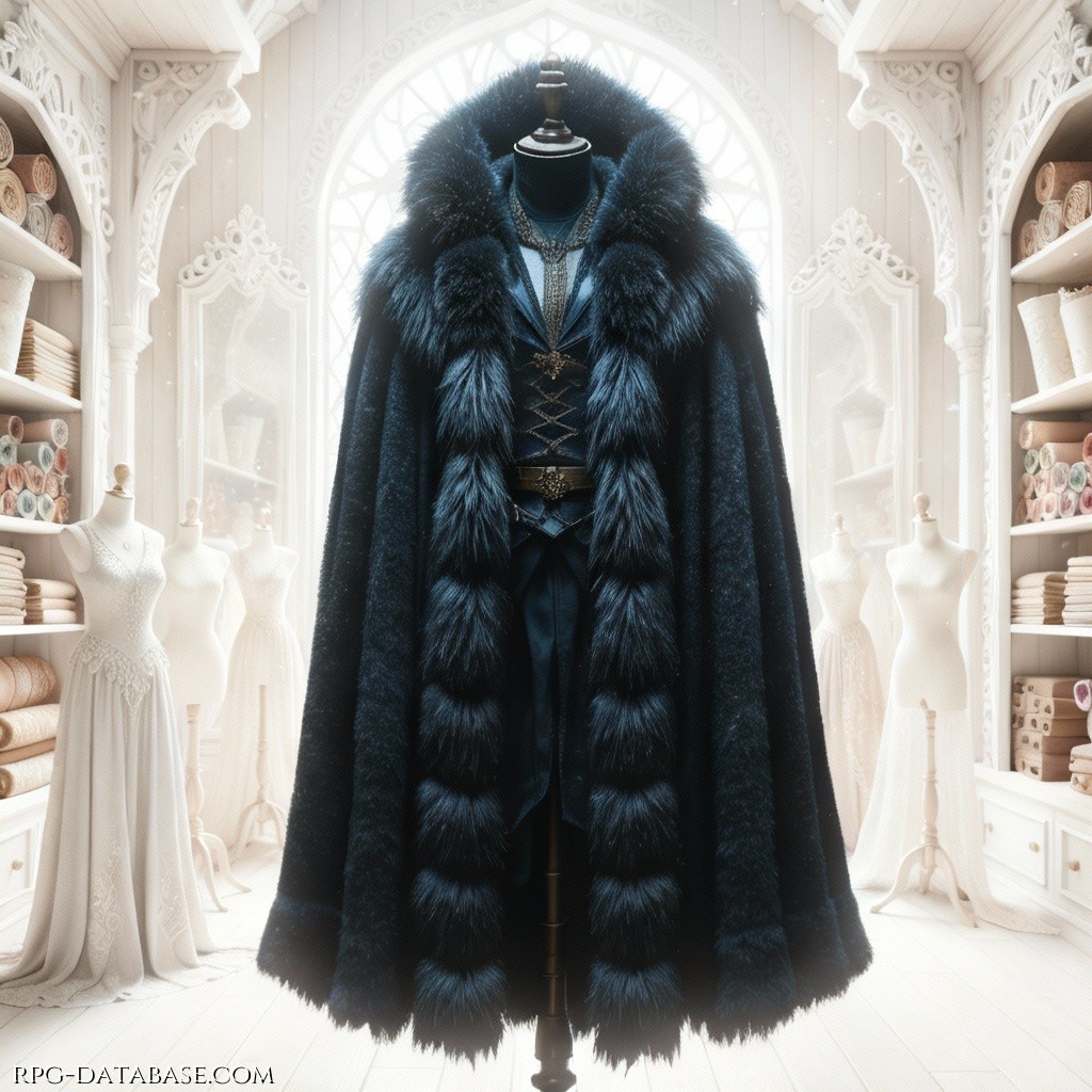 Mantello realizzato con la pelliccia di un lupo nero, sconfitto da Dehimar durante la spedizione nella città nanica. Caldo e confortevole.