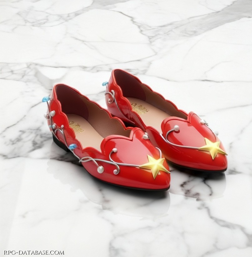 Scarpe rosse in pelle con decorazioni in argento e una stella dorata sulla punta.