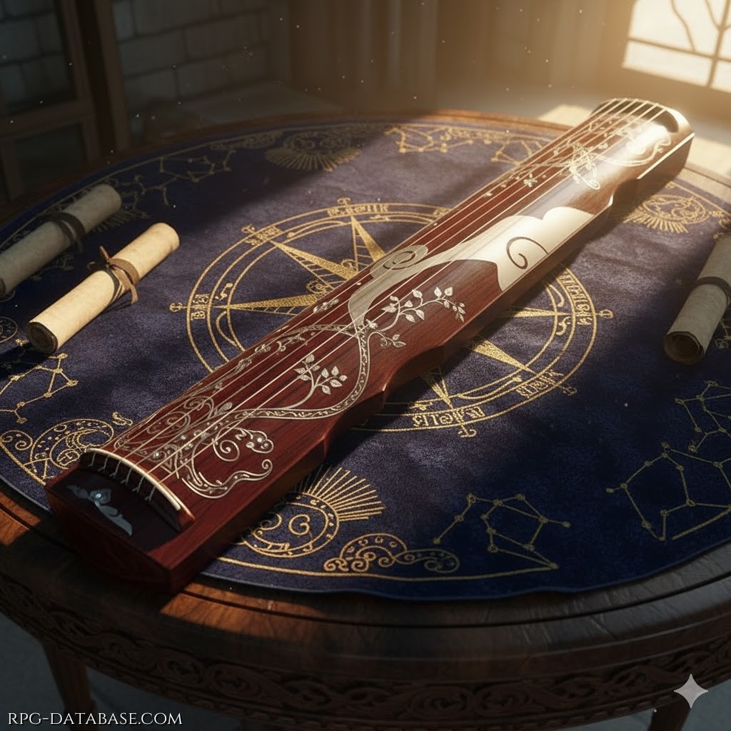 Un guqin di grazia elfica, in legno scuro intarsiato, dal suono delicato ed evocativo, accompagnato a una custodia in pelle per portarlo agevolmente a tracolla.