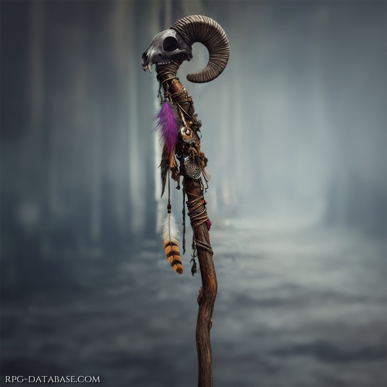 Bastone in legno nodoso, corredato da piume e perline, con un teschio di coniglio nella parte superiore