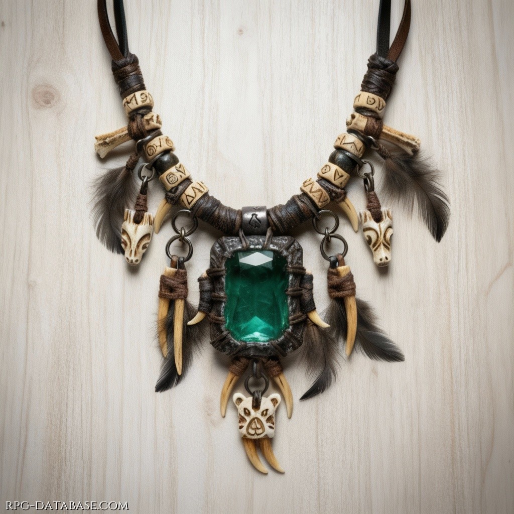 Collana tribale con uno smeraldo centrale in grado di infondere energia a chi lo indossa. Il laccio è in pelle, con ossa e piume a corredo.