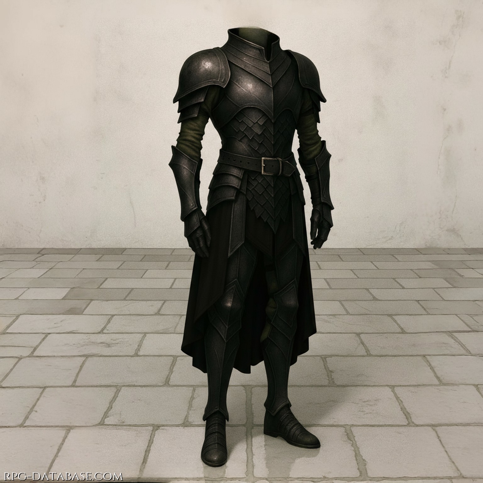 Armatura d’acciaio brunito, scuro e opaco, in grado di assorbire la luce. Le sue piastre richiamano la forma di scaglie che si sovrappongono come pelle viva. Lungo i bordi e le giunture scorrono linee sottili, come vene o rune appena accennate, capaci di evocare movimento. In vita, la corazza è stretta da un cinturone di cuoio nero intrecciato, con fibbie d’argento scuro e rinforzi in pelle. L:’insieme trasmette l’idea di un metallo vivo, come se al suo interno scorresse energia arcana trattenuta dall’ombra.