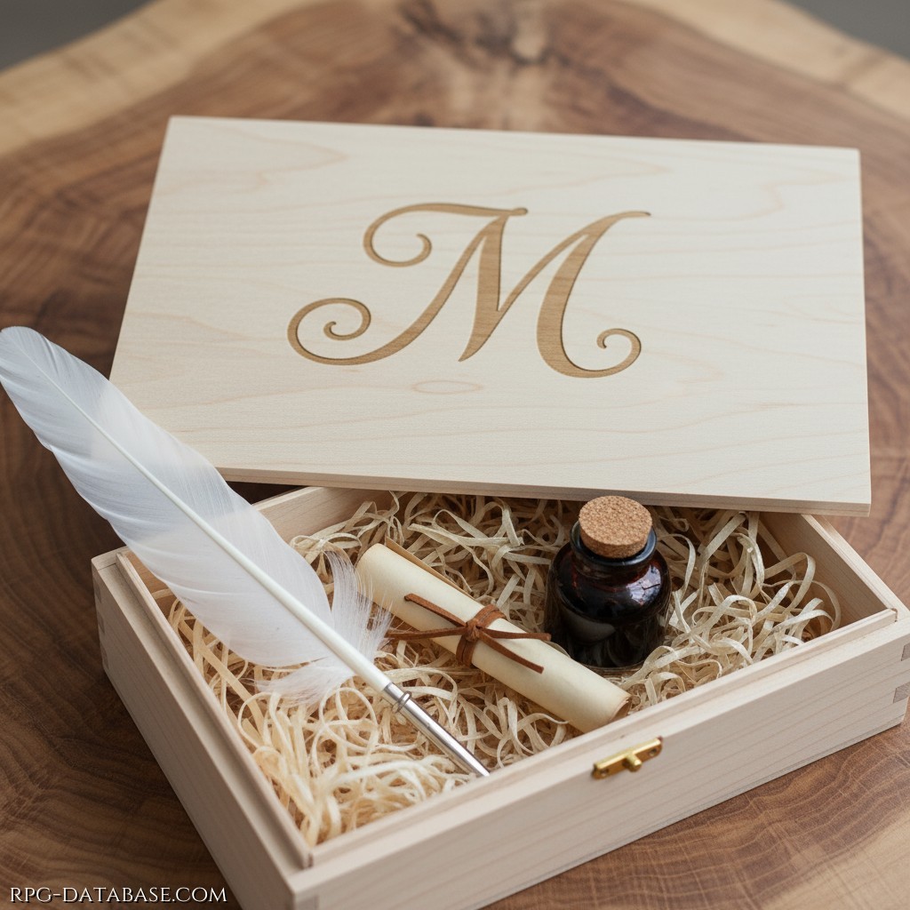 Scatola in legno chiaro con incisa l'iniziale della congrega delle Muse, con all'interno un pennino, una pergamena arrotolata e una boccetta di inchiostro nero