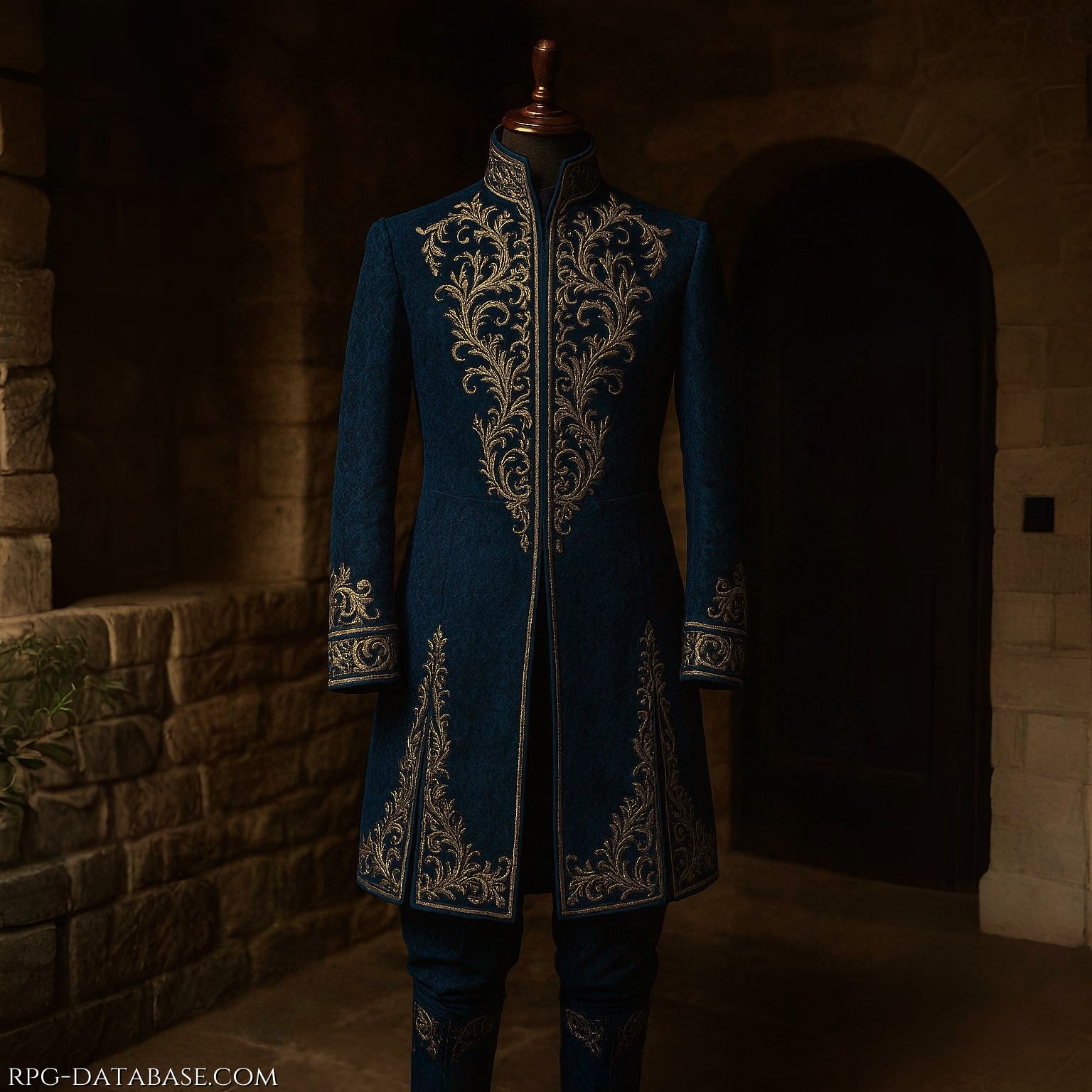 Un lungo soprabito blu profondo che avvolge il busto con eleganza. Il tessuto, vellutato e ricco, è impreziosito da ricami dorati che si snodano in motivi simmetrici lungo il petto, i polsini e l’orlo, evocando rampicanti incantati. I bottoni, discreti, punteggiano il centro come piccole gemme incastonate. I pantaloni, dello stesso blu, sono aderenti e finiscono in un paio di stivali con il gambale rivestito dello stesso tessuto, dove l’oro riprende il tema della casacca.