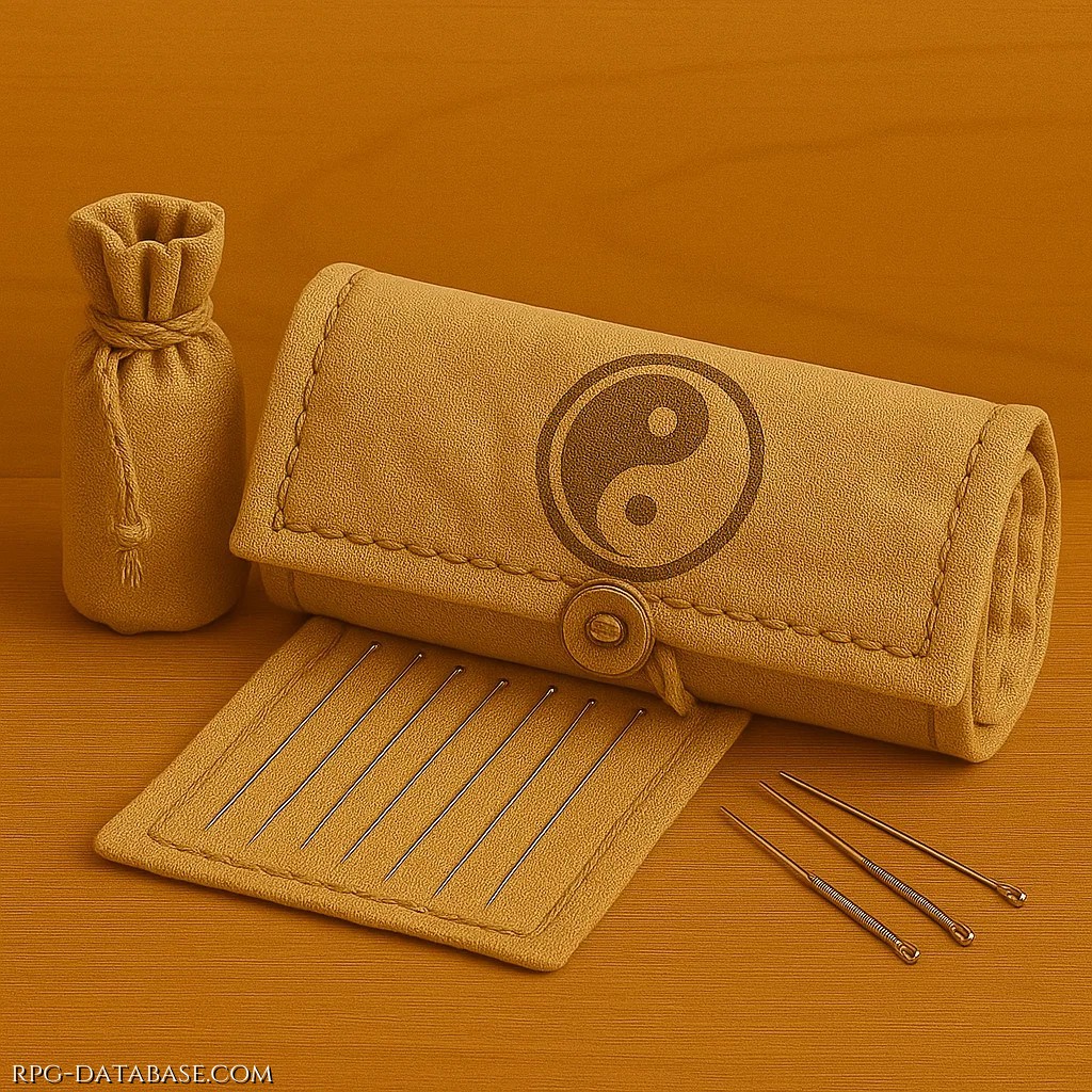 Astuccio in cuoio. Contiene ventiquattro aghi lunghi e sottilissimi, disinfettante alle erbe e diagrammi meridiani. Usato prima delle missioni per raddrizzare posture, sciogliere nodi e rinvigorire i tendini.