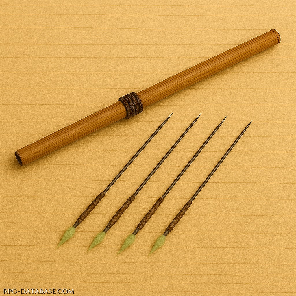 Portata massima 10 metri. A seconda della sensibilità del bersaglio le freccette, imbevute di veleno, hanno la possibilità di paralizzare il bersaglio per un tempo da 1 a 3 turni (a discrezione del Master).