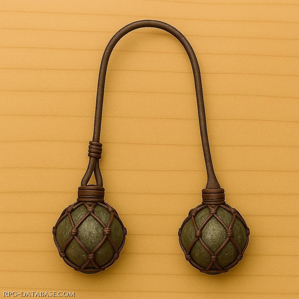 Bolas intrecciate con corde di lino catramato e sfere di ferro cavo riempite di sabbia. Al lancio avvolge caviglie, polsi, collo, catturando senza versare sangue. Impediscono fughe e interrompono ogni concentrazione.