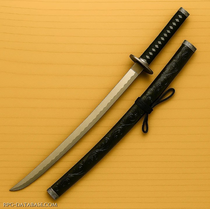 Katana con lama piegata quaranta volte, tempera a hamon ondulato. Impugnatura in seta nera, tsuba minimalista per estrazioni rapide. Taglia corde, gole, arti, corazze leggere e qualsiasi parola di troppo.