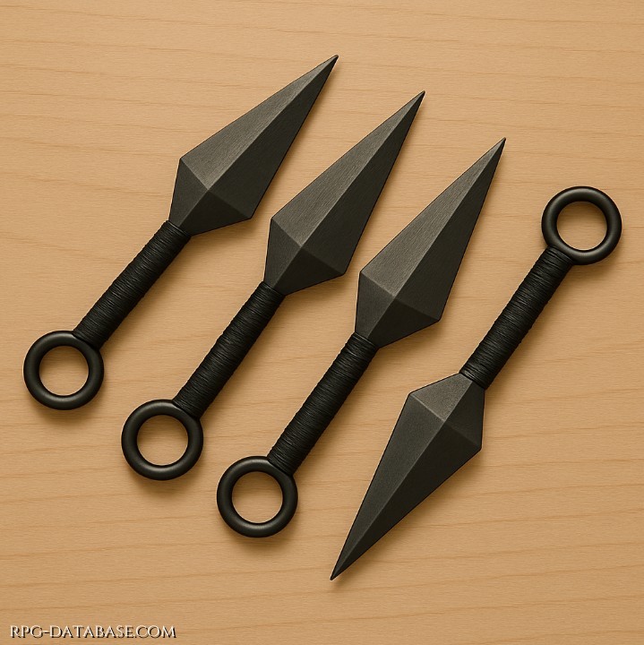 Set di quattro kunai bilanciati per lanci tesi o presa ravvicinata. Acciaio brunito antiriflesso, anello posteriore per corde, trappole e recupero silenzioso. Non chiedono forza, solo precisione e ritmo.