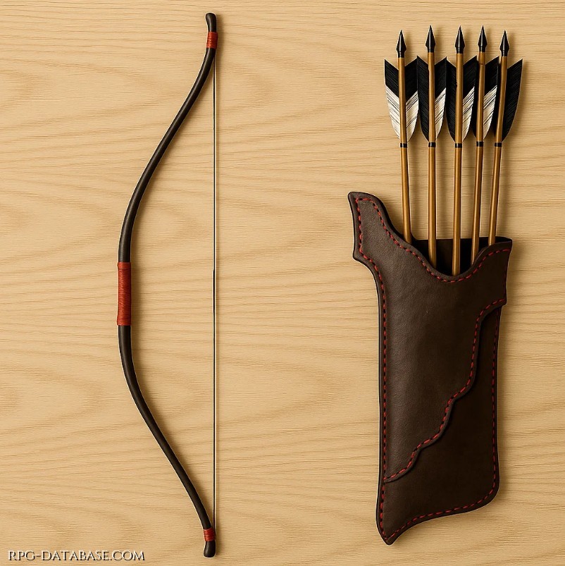 Arco lungo rinforzato con tendini cerati e puntali d’osso. Tira diritto fino a centosessanta passi e non teme nemmeno il vento di mare. Le frecce piumate mantengono traiettoria stabile e precisa.