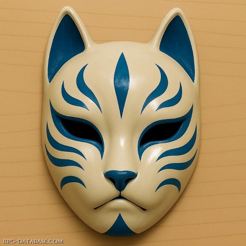 Maschera kitsune scolpita in betulla laccata. Nasconde l’identità e modula la voce in toni più bassi. Protegge da polveri velenose e fumo. Sorridere sotto la maschera, è meglio che mostrare i denti.