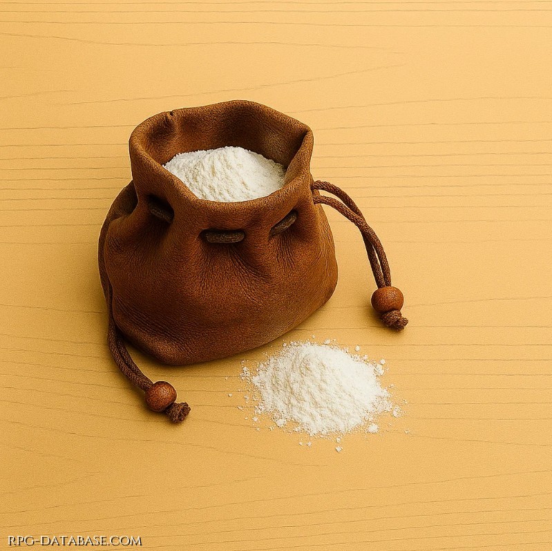 Composto cerato color latte. A contatto con acqua diventa come colla: sigilla ferite precarie, tappa anfore rotte, blocca serrature per minuti preziosi. Sparsa a terra rivela impronte recenti.