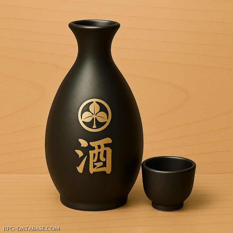 Fiasca di sake robusto, pungente. Usato per brindisi di squadra, disinfezione rapida o convincere informatori ostinati. Un sorso scalda il coraggio, 2 compromettono mira e 3 offrono confessioni.