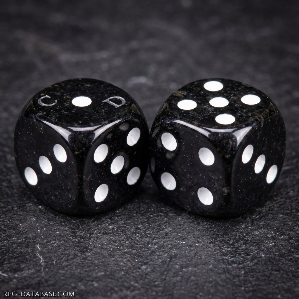 Coppia di dadi in ossidiana con numeri bianchi a contrasto. Incise le iniziali C e D.