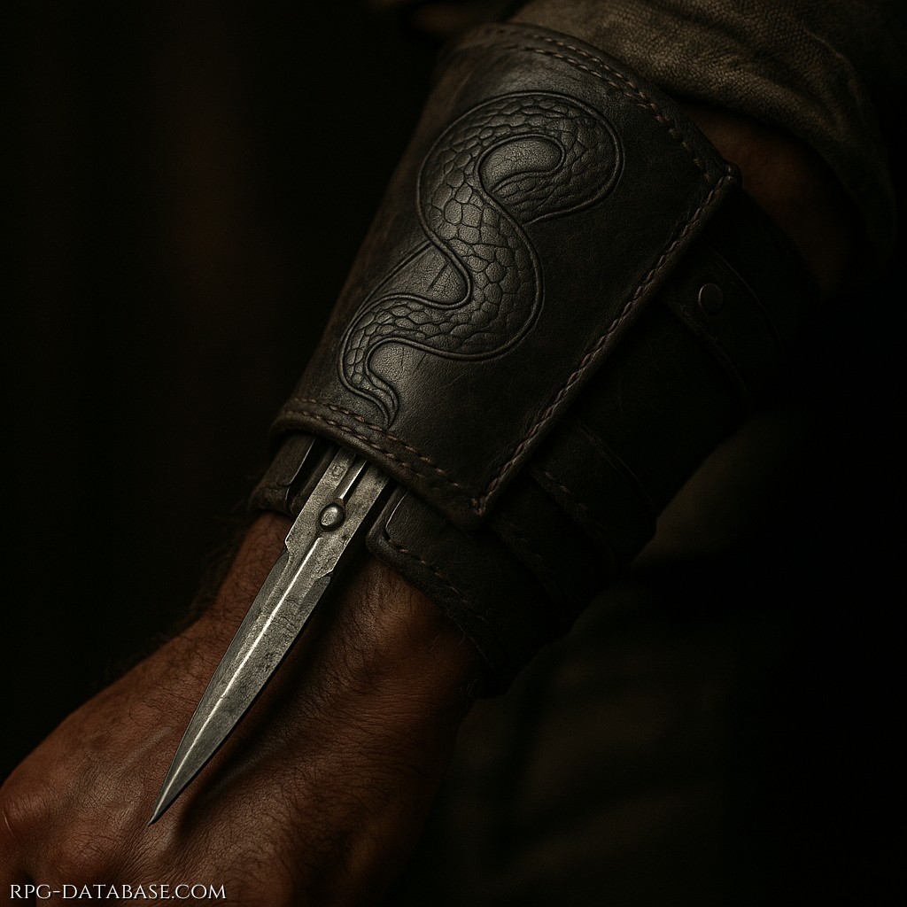 Una lama a scatto nascosta in un bracciale di cuoio scuro, inciso con motivi a squama. Si attiva con un movimento del polso, colpo rapido e silenzioso.