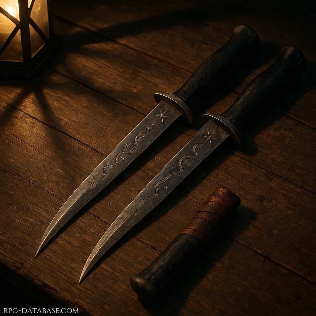 Lame gemelle, impugnature in osso annerito avvolto da cuoio cremisi. Usati nei patti di sangue e nel lancio preciso.