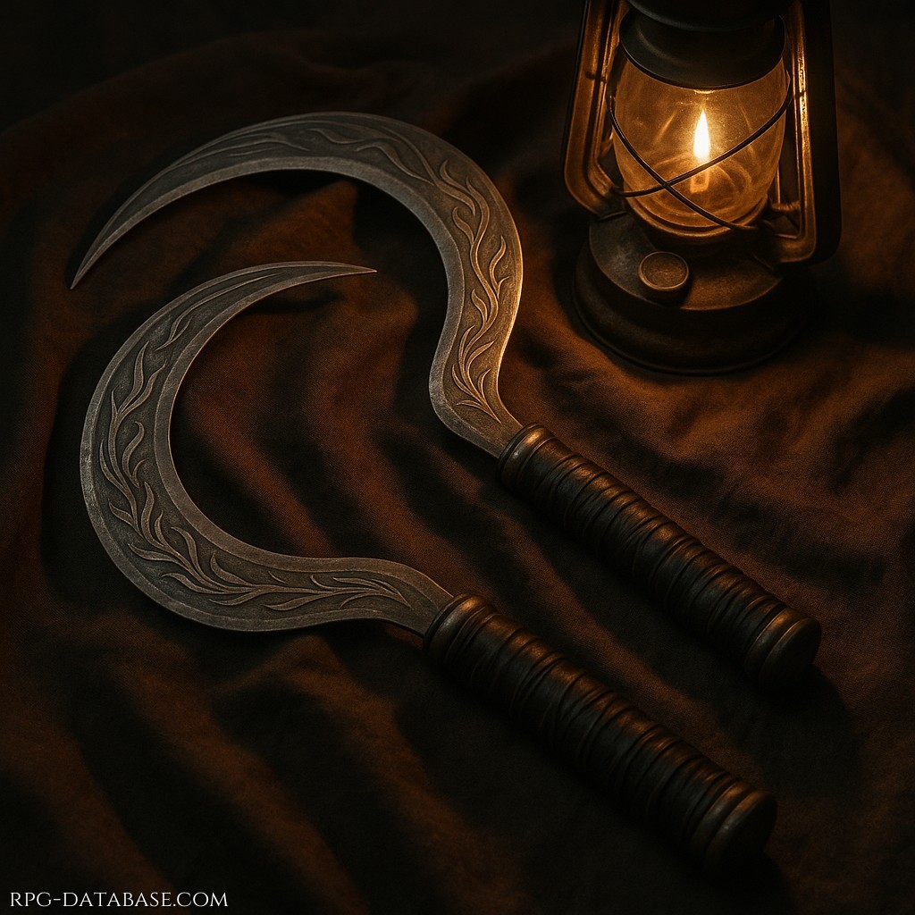 Falcetti leggeri, usati nelle danze gitane con torce e fuoco. Rapidi, affilati, dissimulati come ornamenti. Chi osserva l’esibizione può esserne ipnotizzato. Alterazione di Status: Ipnosi del Fuoco.