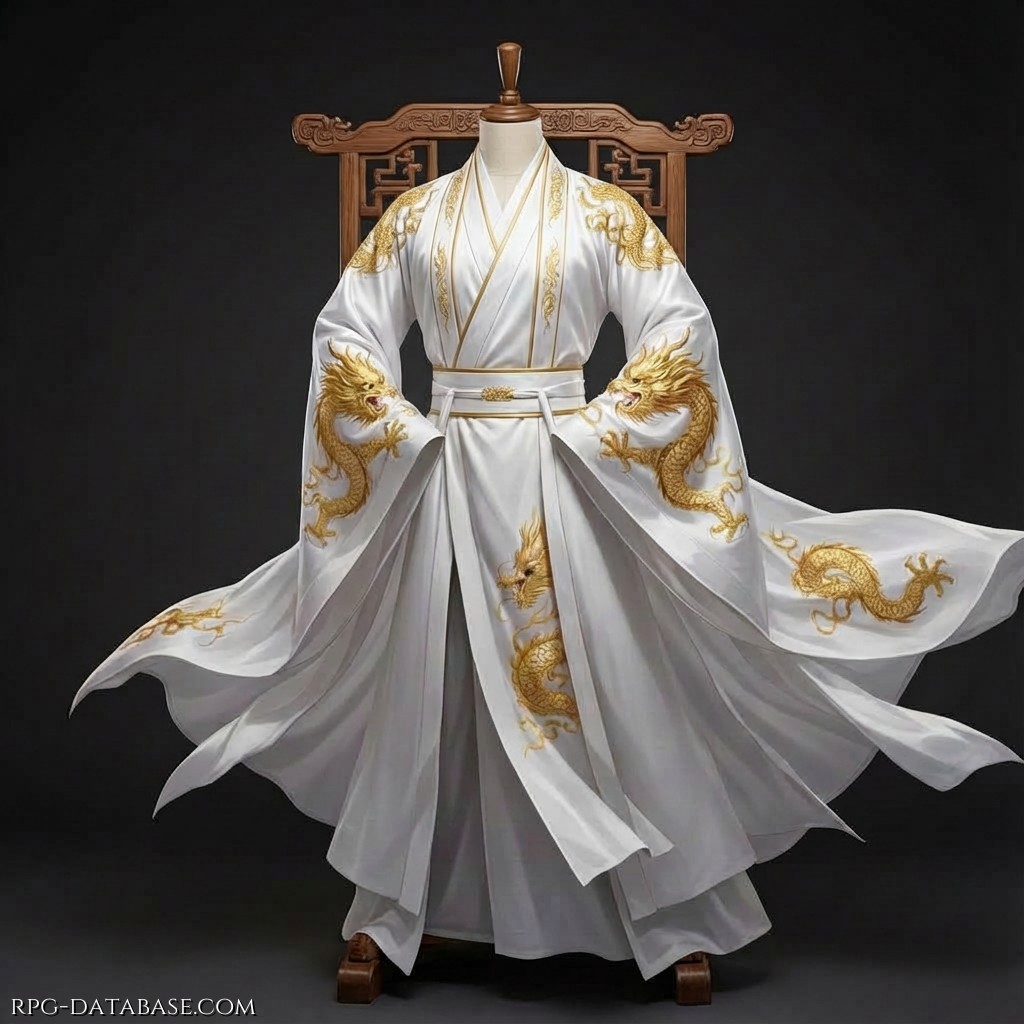 Veste di straordinaria eleganza, confezionato in un tessuto bianco perlaceo che riflette la luce con morbide sfumature. Le ampie maniche e le faldine sovrapposte creano un movimento fluido, quasi etereo. Ricami d’oro raffiguranti draghi sinuosi attraversano le maniche e il pannello frontale, simboli di potere e nobiltà. La cintura alta sottolinea la linea della figura, mentre l’insieme trasmette un senso di maestà serena, come se chi lo indossa portasse con sé un frammento di cielo illuminato dall’alba.