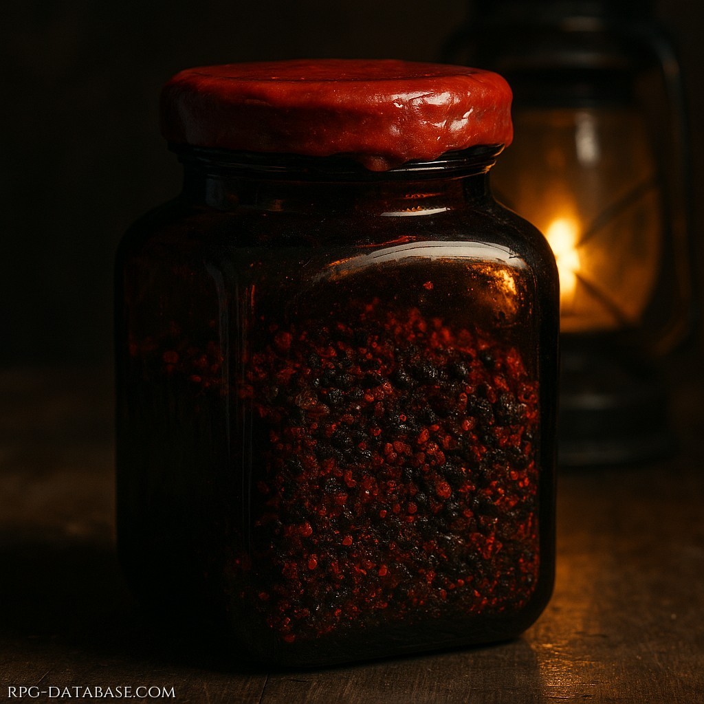 Granuli rossi e neri conservati in vasi di vetro ambrato. Risvegliano desiderio e ossessione. Alterazione di Status: Frenesia Irrazionale