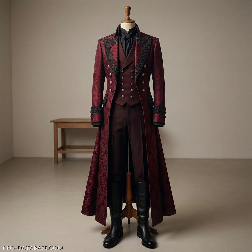 Abito formale e autorevole composto da un lungo soprabito bordeaux scuro, doppiopetto, con ricami neri su revers e polsini. La linea è aderente sul busto e si apre in basso, dando un aspetto slanciato ed elegante. Sotto si notano un panciotto coordinato e una camicia nera a colletto alto. I pantaloni scuri infilati in stivali neri alti completano l’insieme, che trasmette raffinatezza, nobiltà e prestigio.