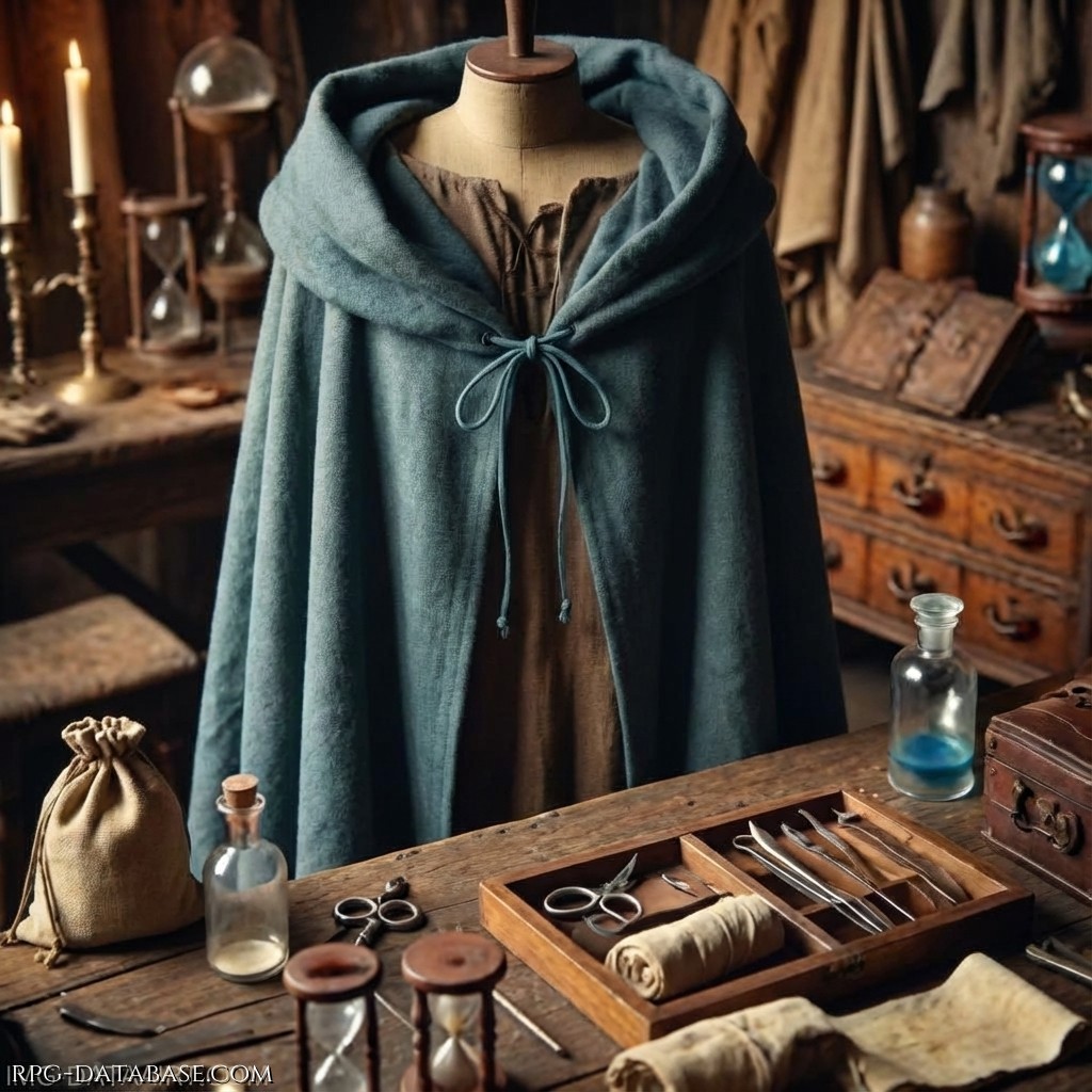 Ampio mantello in lana pesante color ceruleo, con cappuccio profondo e chiusura a laccio sul davanti. È l'indumento distintivo della Gilda dei Guaritori, pensato per renderli subito riconoscibili tra il popolo.