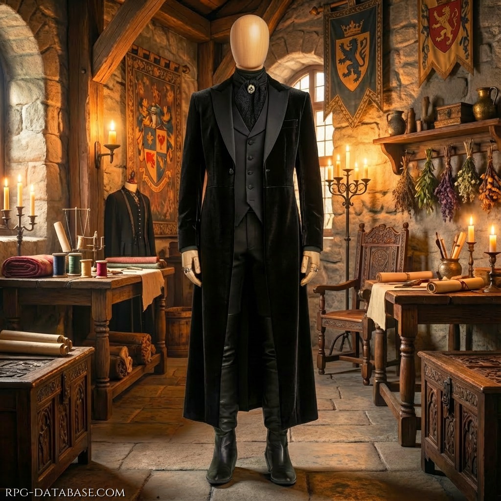 Abito lungo ed elegante in velluto nero, composto da cappotto strutturato fino ai polpacci, gilet aderente e camicia scura con collo alto. Il taglio è formale e aristocratico, arricchito da dettagli sobri e raffinati, completato da pantaloni affusolati e stivali in pelle, con un’estetica decisamente nobile e austera.