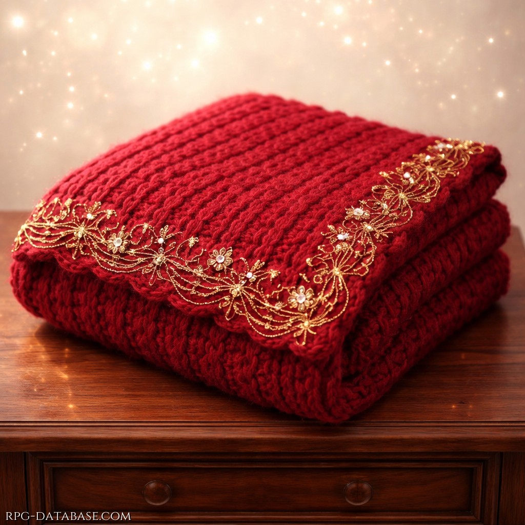 Coperta rossa in lana, calda e pregiata, adatta agli inverni più rigidi. Sul bordo presenta ricami dorati, minuziosi ed eleganti, in stile elfico. Resistente e piacevole al tatto è pensata per offrire protezione, calore e conforto