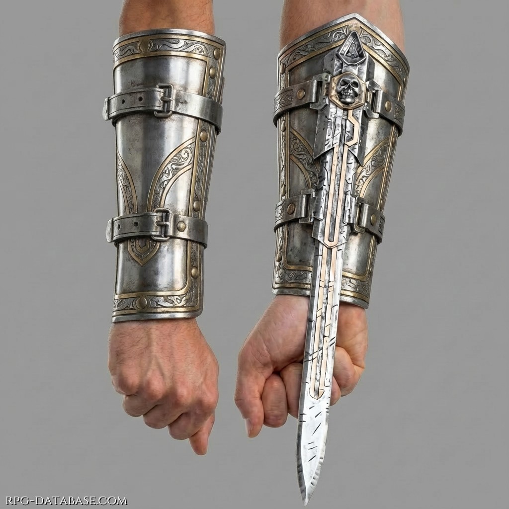 Bracciali armati in metallo brunito lavorato, fissati all’avambraccio tramite robuste cinghie con fibbie metalliche, pensate per tenerli ben saldi anche in combattimento. Integrano una lama retrattile che scende lungo l’interno dell’avambraccio. La lama è lunga, stretta e affilata.