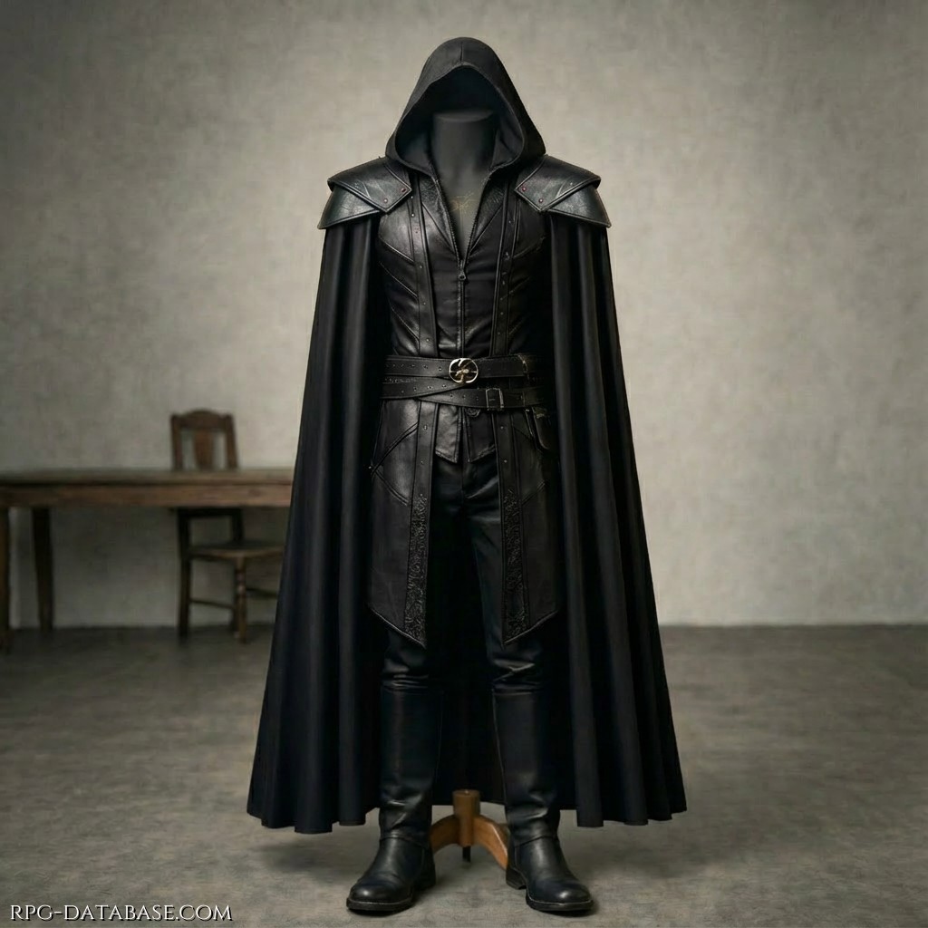 Tunica in cuoio nero opaco e flessibile, con mantello e cappuccio rimovibile del medesimo colore. È progettata per aderire al corpo e assecondarne i movimenti, riducendo al minimo fruscii e attriti. La superficie sembra assorbire la luce invece di rifletterla, rendendo più agevoli gli spostamenti furtivi nelle zone d'ombra. L'ampio scollo a V alleggerisce la silhouette, mentre gli spallacci rinforzati offrono una protezione discreta senza compromettere l'agilità. La cintola doppia permette di accedere agevolmente a pugnali, spade corte e piccoli strumenti