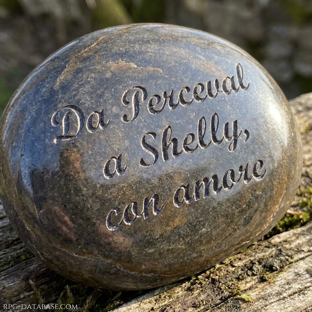 Un sasso perfettamente levigato e lucidato, perfetto nella sua semplicità. Incisa all'interno la scritta "Da Perceval a Shelly, con amore"