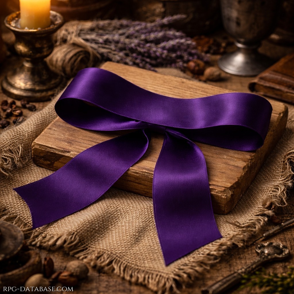 Un nastro realizzato con una striscia di raso viola dalla mirabile lucentezza. Resistente e pregiato può essere usato per ornare i capelli o un abito.