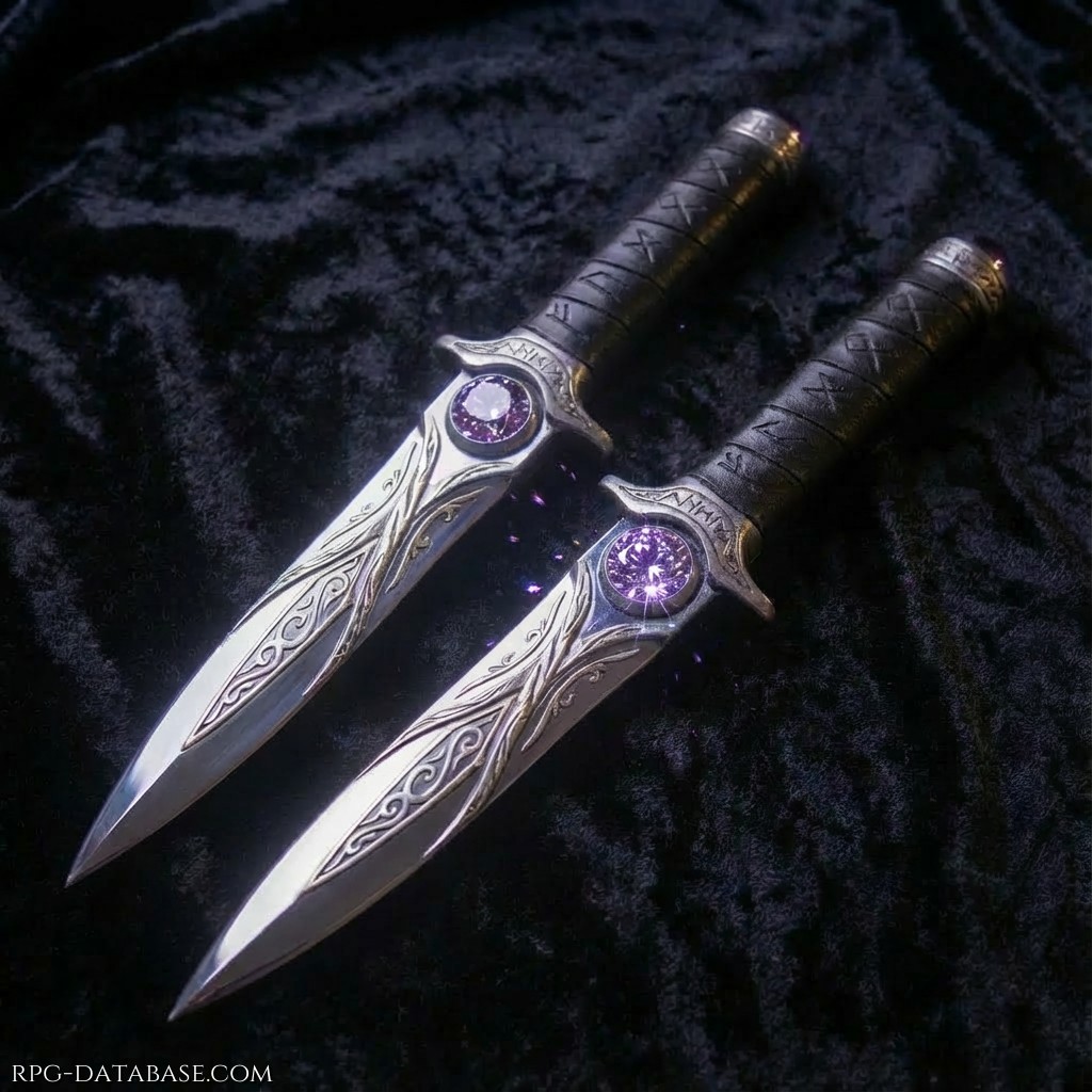 Coppia di pugnali gemelli con lame in acciaio lucido, a doppio filo e leggermente ricurve. Le superfici sono decorate da incisioni ornamentali simmetriche che partono dal ricasso e proseguono per alcuni centimetri. Alla base di ciascuna lama è incastonata una gemma viola sfaccettata, integrata nel guardamano.  L’impugnatura, cilindrica e leggermente rastremata, è rivestita in cuoio scuro e incisa con rune stilizzate evidenziate da pigmento argentato. Il pomolo è piatto, circolare, con bordo zigrinato e piccola borchia centrale. I due pugnali risultano identici per dimensioni, materiali e decorazioni e perfettamente bilanciati.
