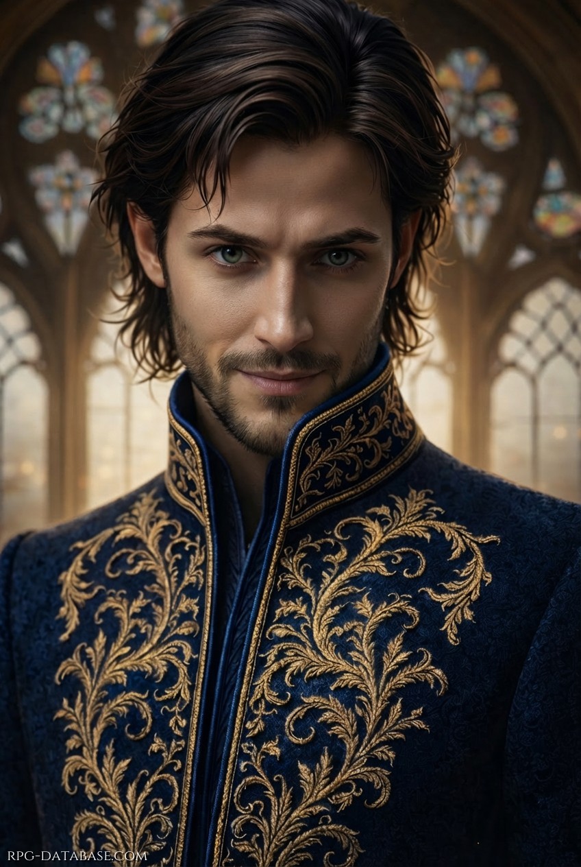 Perceval con abito da festa : Un lungo soprabito blu profondo che avvolge il busto con eleganza. Il tessuto, vellutato e ricco, è impreziosito da ricami dorati che si snodano in motivi simmetrici lungo il petto, i polsini e l’orlo, evocando rampicanti incantati. I bottoni, discreti, punteggiano il centro come piccole gemme incastonate.