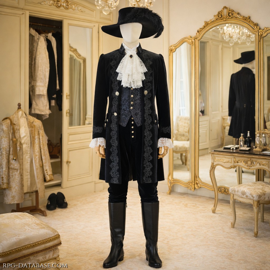 Completo nobiliare elegante e ricercato.  L’abito è dominato dal nero: un lungo cappotto in velluto scuro con ricami tono su tono lungo i bordi e sui risvolti, indossato sopra un panciotto decorato e una camicia chiara con jabot di pizzo. I polsini in pizzo riprendono il motivo del colletto, aggiungendo un tocco raffinato. Completano l’insieme gli stivali alti in pelle nera e il cappello a tesa larga con piuma, che dà al tutto un’aria aristocratica e teatrale.