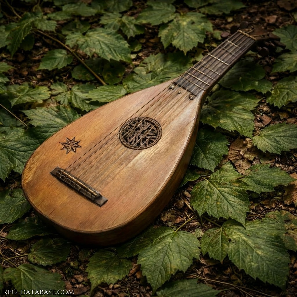 Liuto in legno chiaro, chiaramente vissuto. La cassa armonica mostra graffi, ammaccature leggere, segno che lo strumento è stato assemblato pezzo per pezzo e riparato più volte nel corso del tempo. Sulla cassa armonica è incisa a mano una piccola stella a otto punte, segno irregolare e infantile: chi l'ha fatta non aveva tecnica, ma molta intenzione. Nonostante l'aspetto modesto, lo strumento ha una voce calda e sorprendentemente espressiva.