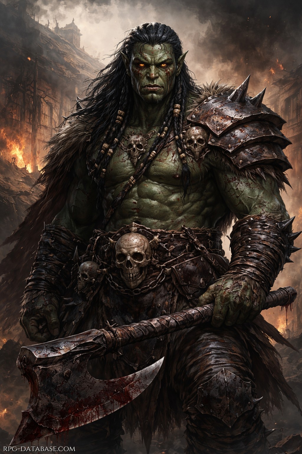 Un mezz’orco imponente domina una città in fiamme. La pelle verde è segnata da cicatrici, gli occhi ambrati brillano di ferocia. Indossa armature grezze ornate di teschi e impugna una grande ascia insanguinata, incarnazione vivente di vendetta e terrore.
