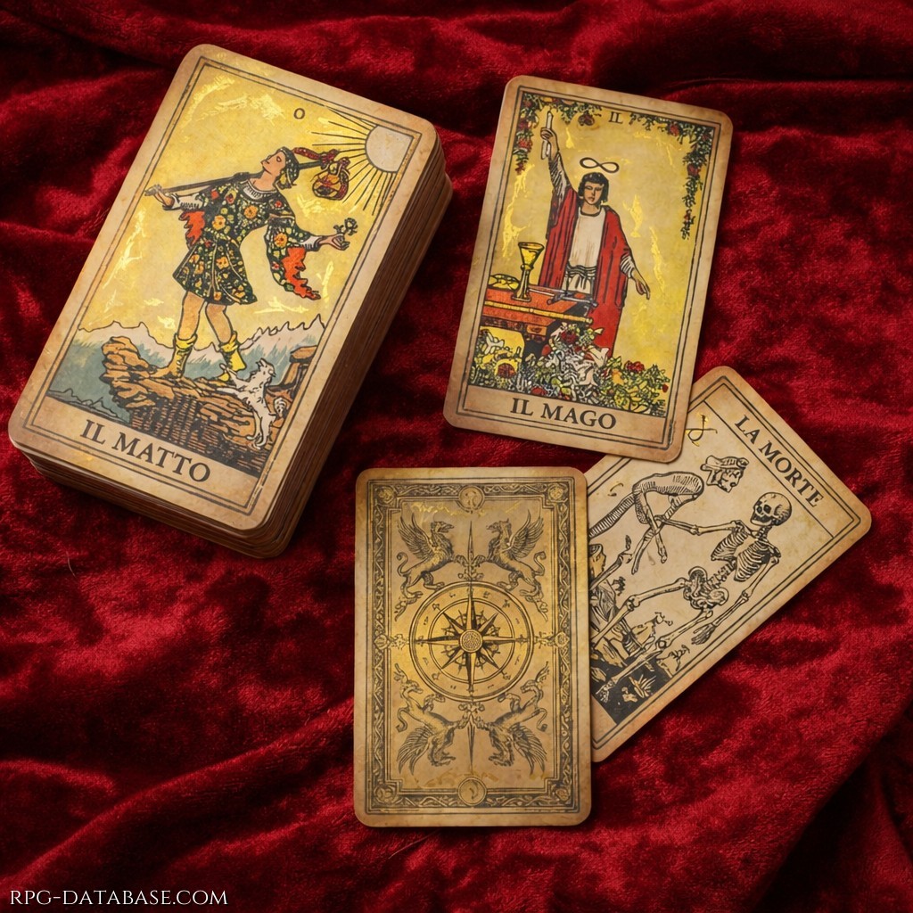 Un mazzo di tarocchi in stile medievale su velluto rosso.