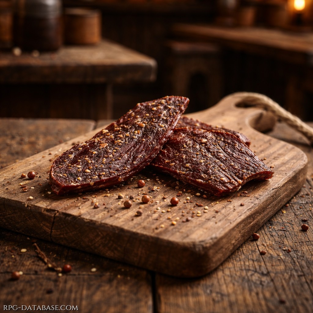 Carne essiccata: due fettine scure, fibrose, sapide, punteggiate di spezie.