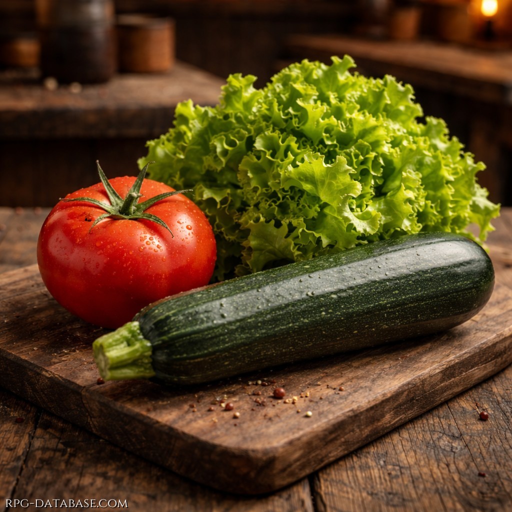 Ortaggi maturi: Pomodoro maturo, zucchina soda, insalata croccante.