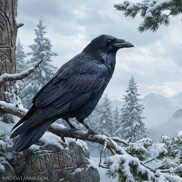 Il corvo é un uccello di medie-grandi dimensioni, slanciato ma robusto, con un'apertura alare ampia che gli conferisce un volo stabile e sicuro. Il piumaggio é nero profondo, con riflessi blu rivelati dalla luce. Il becco é lungo, spesso e leggermente ricurvo, adatto a strappare e rompere con precisione. Gli occhi, scuri e lucidi hanno uno sguardo vigile e penetrante. Le zampe sono forti, artigliate, perfette per aggrapparsi a rami e superfici irregolari. Emana un'aura intelligente e austera, osservatrice.