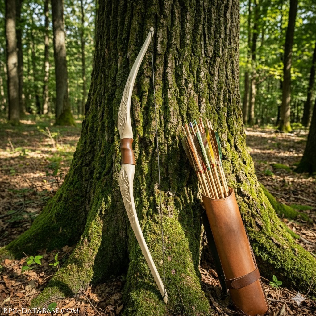 Arco elfico, con linee morbide e slanciate, pensato più per agilità e precisione che per pura potenza. Il corpo è realizzato in legno sbiancato inciso con motivi vegetali che richiamano foglie e tralci. Le decorazioni non sono solo ornamentali: seguono la curvatura dell’arco e gli danno un’aria organica, quasi fosse cresciuto così, più che costruito.  L’impugnatura centrale è rivestita in cuoio, semplice ma solida, creando un bel contrasto cromatico con le estremità chiare e decorate. La corda è sottile e scura, essenziale, senza elementi vistosi: tutto comunica funzionalità pulita ed eleganza silenziosa.