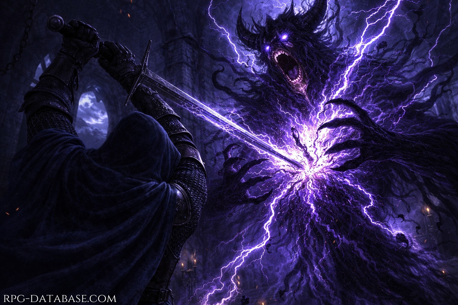 Ezmon affronta il demone presso la torre degli arcani