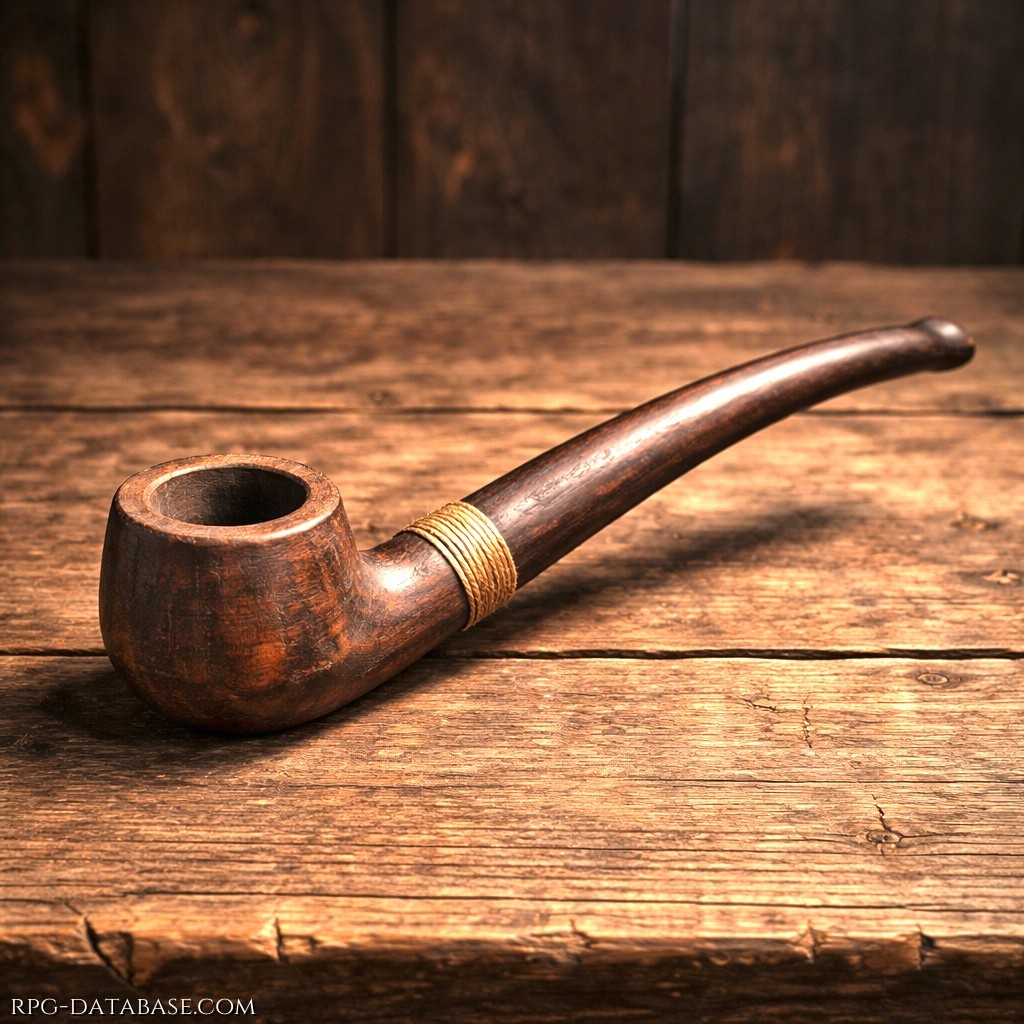 Pipa semplice in legno scuro, lavorata con cura artigianale e dal profilo leggermente curvo. Oggetto comune tra viaggiatori e mercanti, spesso usata nelle pause serali per fumare erbe aromatiche.