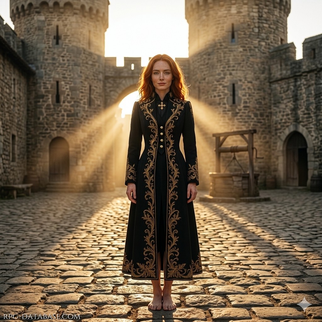 Attraversa Aethelion con passo lento ma costante, malgrado i piedi scalzi non avvezzi alle asperità del terreno, che tuttavia non sembrano procurarle dolore, come se fosse l'istinto a dirle dove posare ciascun passo. I lunghi capelli fulvi ricadono sciolti e un po' disordinati sulle spalle, in dosso, in forte contrasto, l'abito austero ed elegante che è l'uniforme degli artigiani del regno, nero con i ricami dorati.