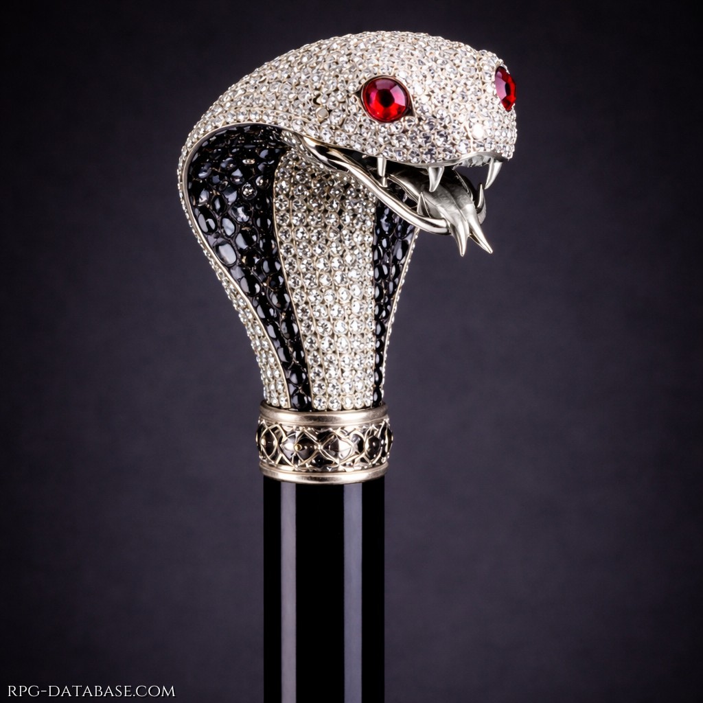 Elegante bastone da nobile in legno laccato nero, dalla superficie lucida e impeccabile, rifinito con dettagli in argento finemente lavorati.  L’impugnatura è una testa di cobra, interamente tempestata di diamanti, con due rubini intensi al posto degli occhi e zanne e lingua in argento lucente, che le conferiscono un aspetto raffinato ma minaccioso.  Il bastone cela al suo interno una lama affilatissima, nascosta nel fusto, pronta a essere estratta con un gesto rapido: un’arma discreta, degna di chi unisce prestigio e pericolo.