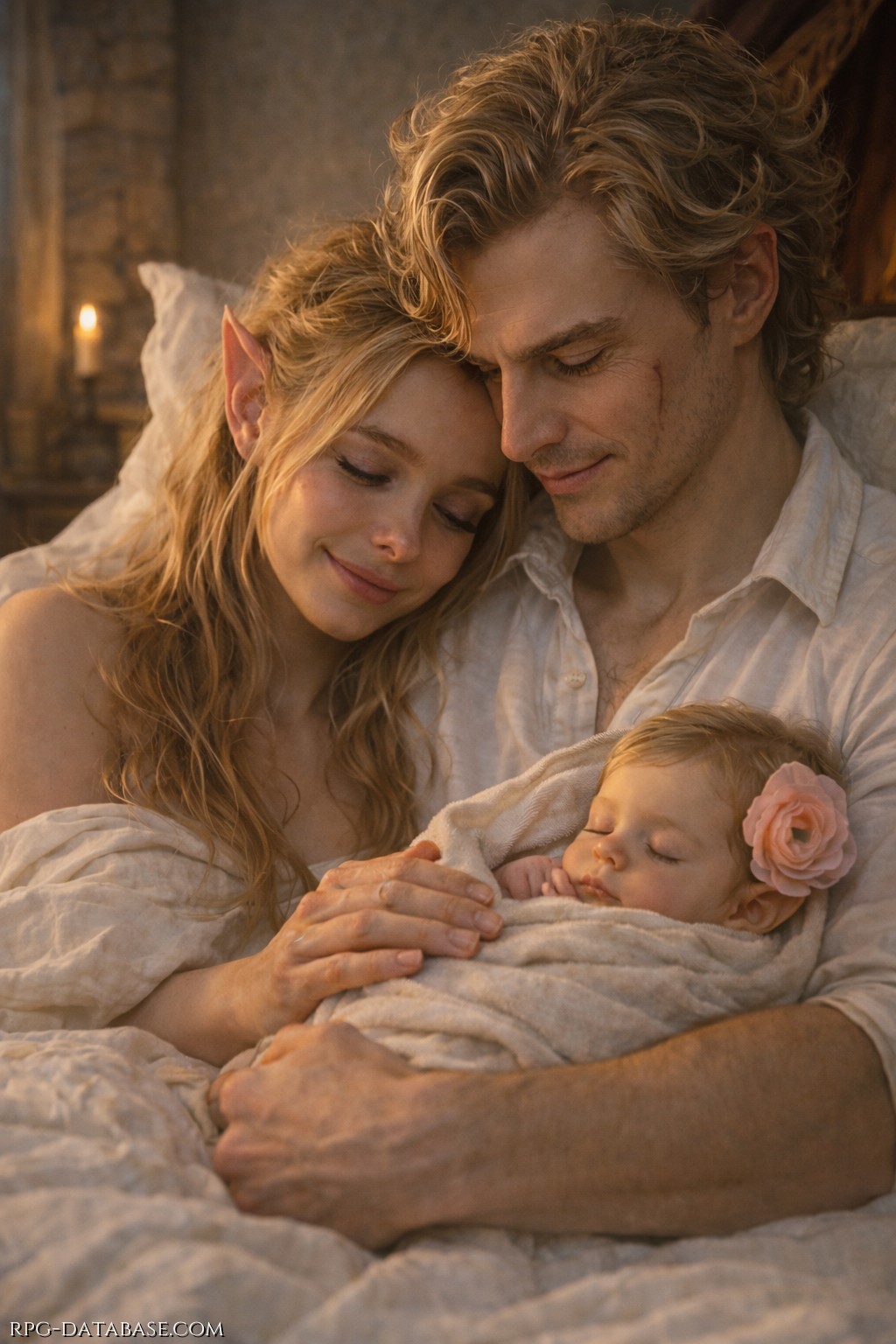 L'alba accarezza il primo giorno di Nihal. Elebereth e Alain, uniti in un abbraccio di pura devozione, cullano la piccola avvolta in fasce. Una peonia rosa tra i capelli della bimba suggella questa quiete sacra: un istante di luce e speranza che sfida le ombre del mondo esterno.